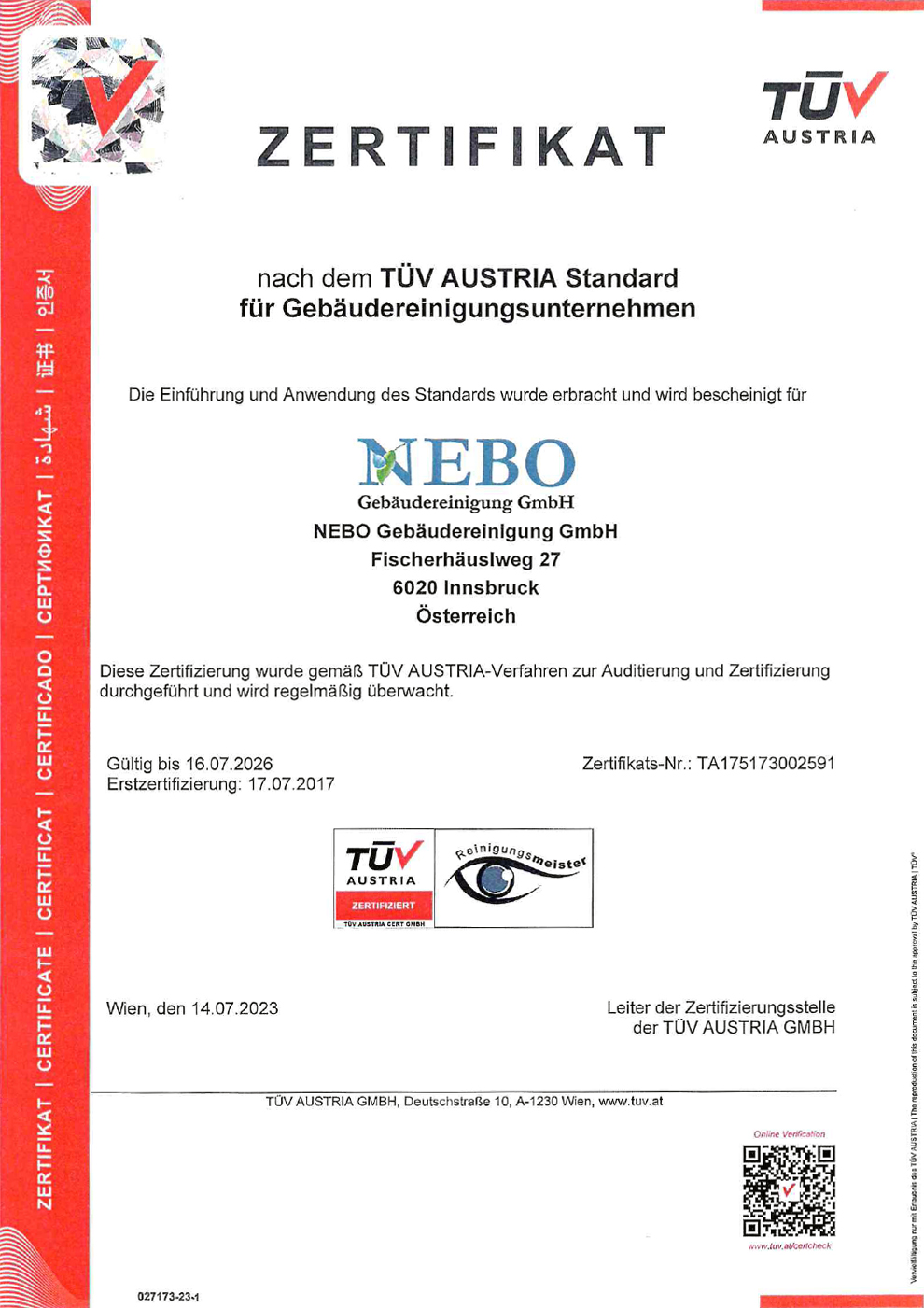 TÜV Zertifikat Austria Standart für Gebäudereinigungsunternehmen